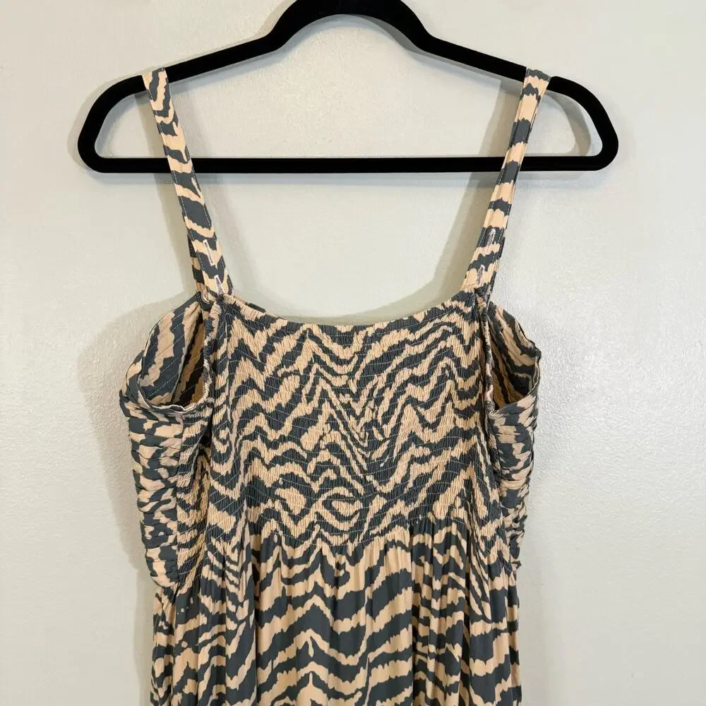 Soft Surroundings Maxi Dress L Tan Zebra Print Boho Smocked Resortwear Vacation - Picture 4 of 10